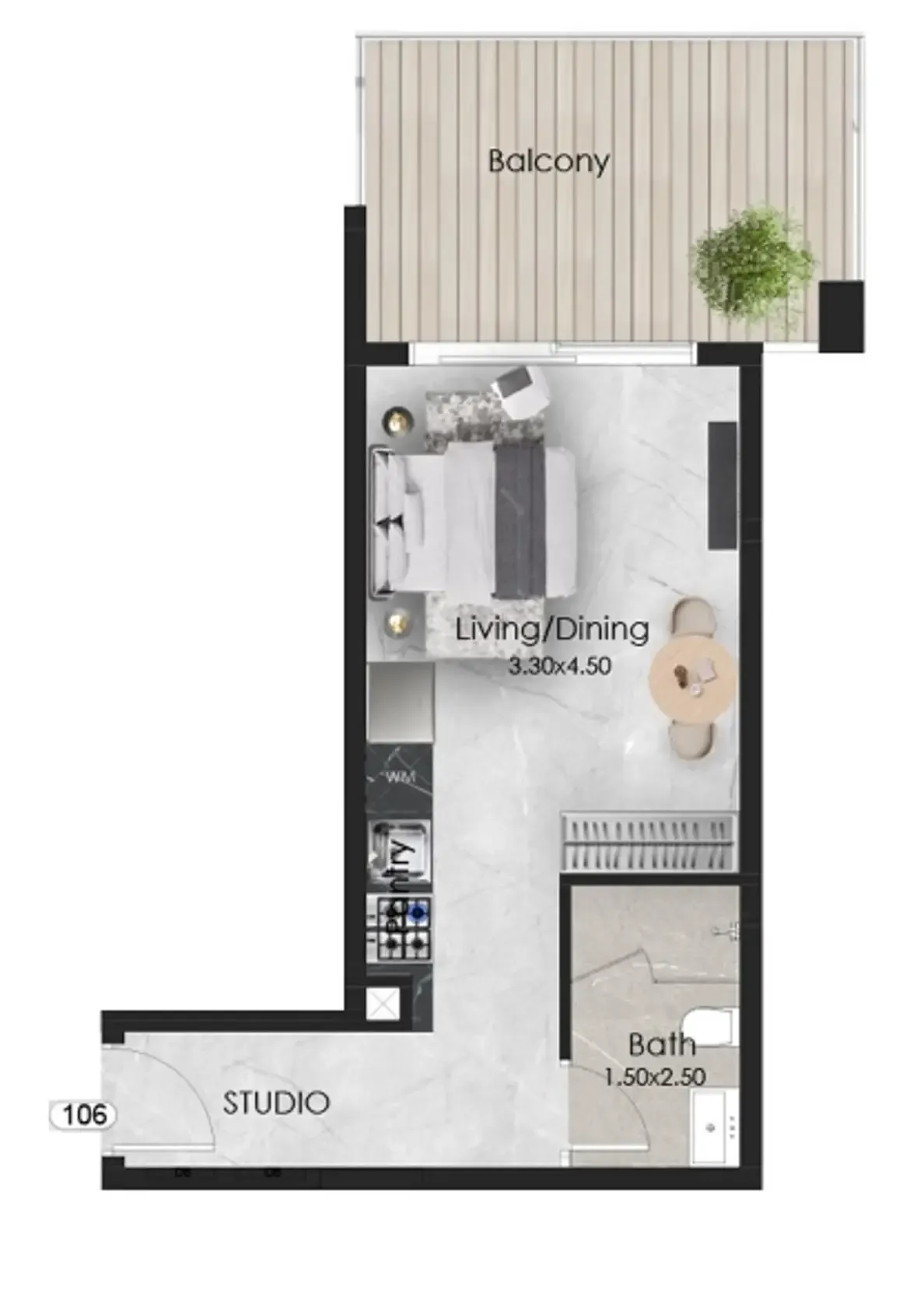 Aristo Studio floor plan, 444 sqft