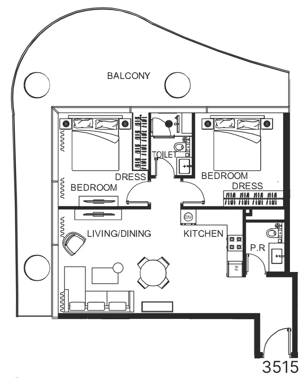 The WOW Tower 2 bed floor plan, 1,221 sqft