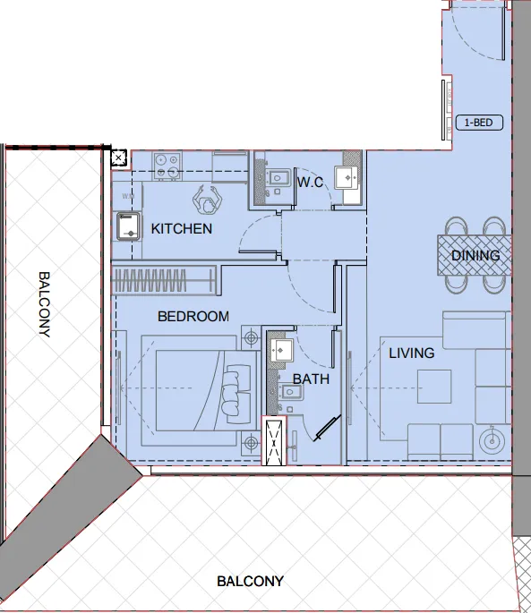 One by Binghatti 1 bed floor plan, 1,240 sqft