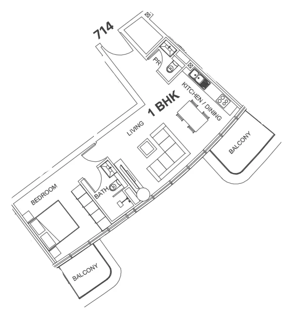Villa Del Garda 1 bed floor plan, 741 sqft