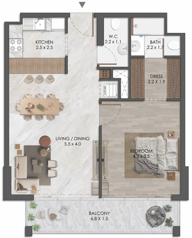 Almaara Residences 1 bed floor plan, 773 – 774 sqft