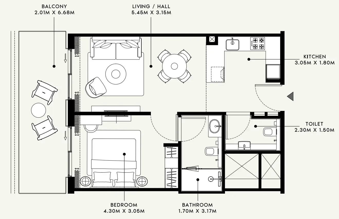 Azizi Venice 1 bed floor plan, 736 sqft