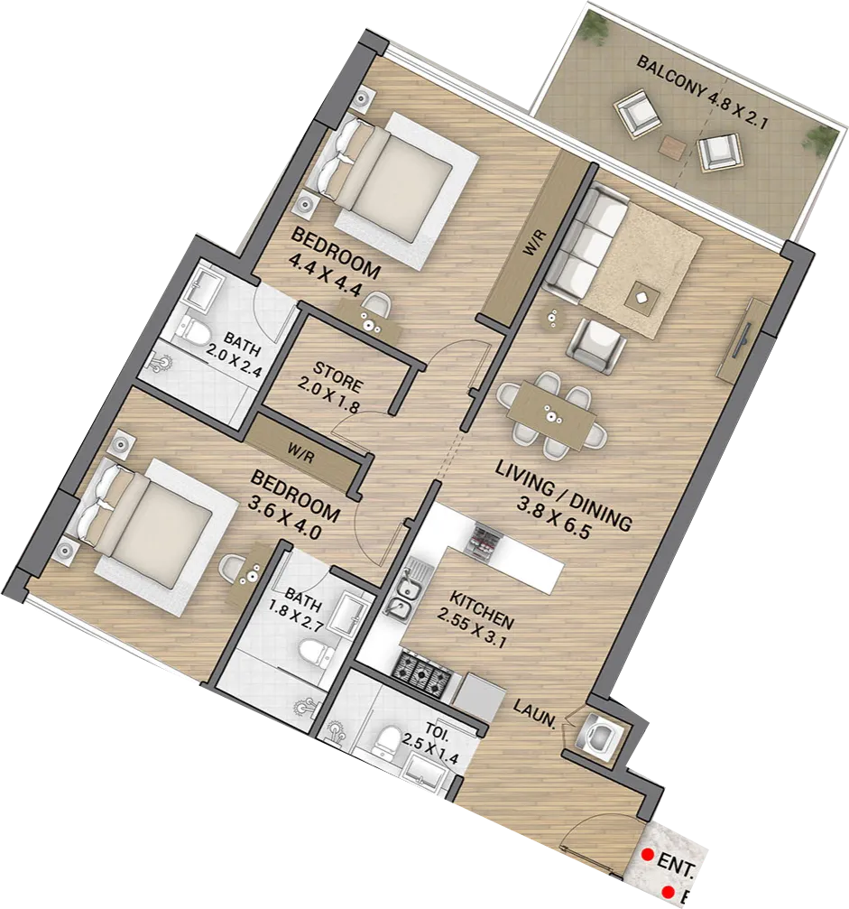 Ocean Tower 2 bed floor plan, 1,254 sqft