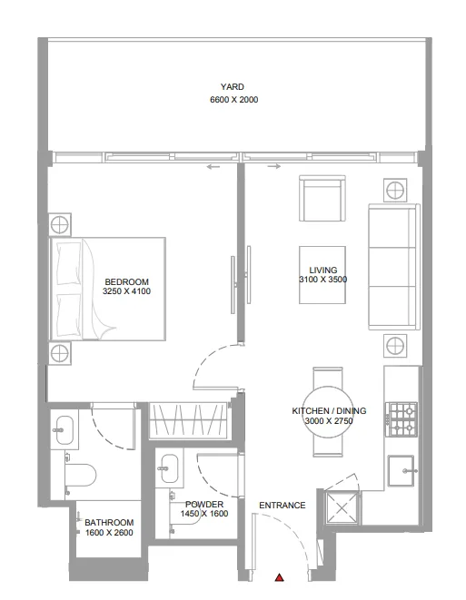 Pearlside Marina Residences 1 bed floor plan, 660 – 661 sqft