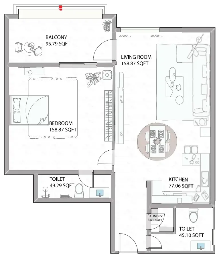 Ajman Creek Towers 1 bed floor plan, 1,097 sqft