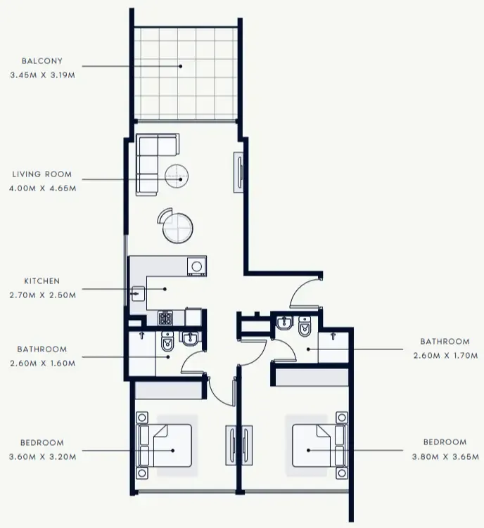 Riviera Beach Front 2 bed floor plan, 1,006 sqft