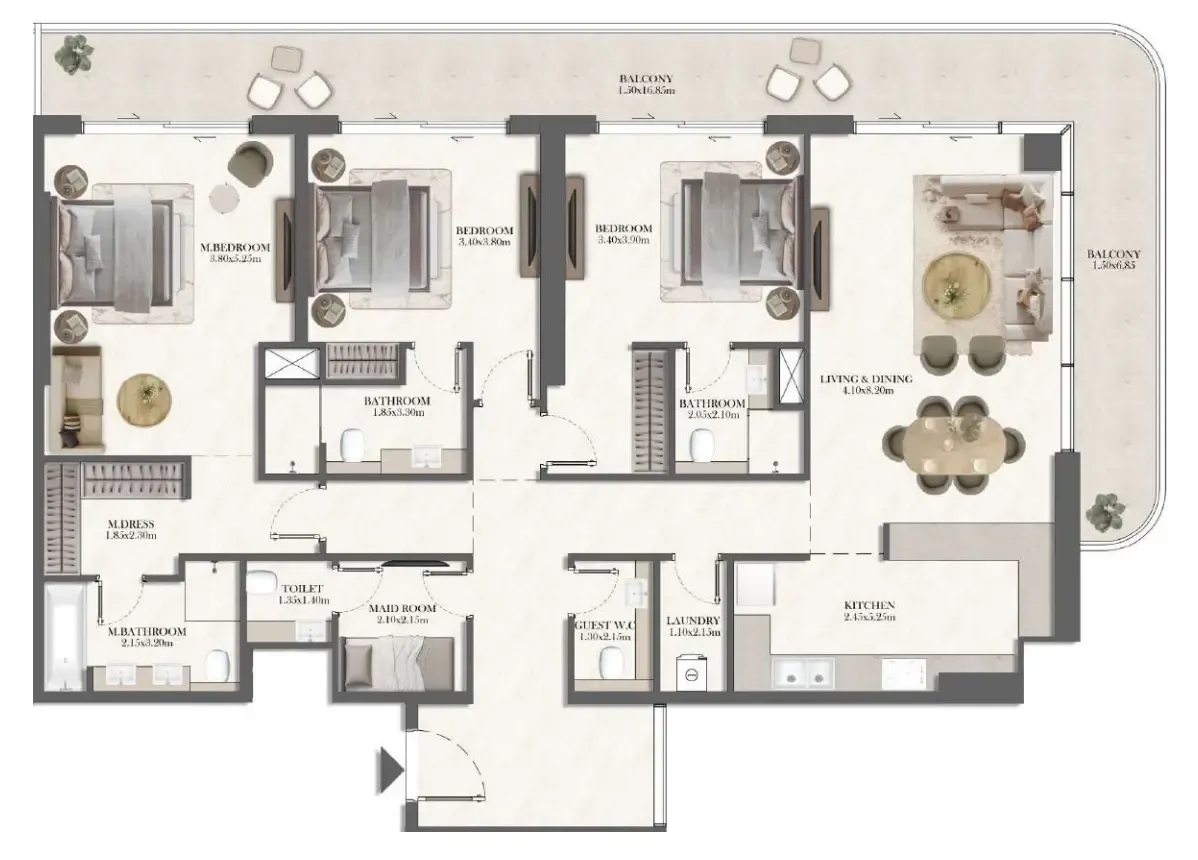 Rotana Residences South Tower 3 bed floor plan, 2,155 sqft