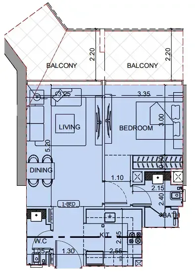 Binghatti Cullinan 1 bed floor plan, 752 sqft