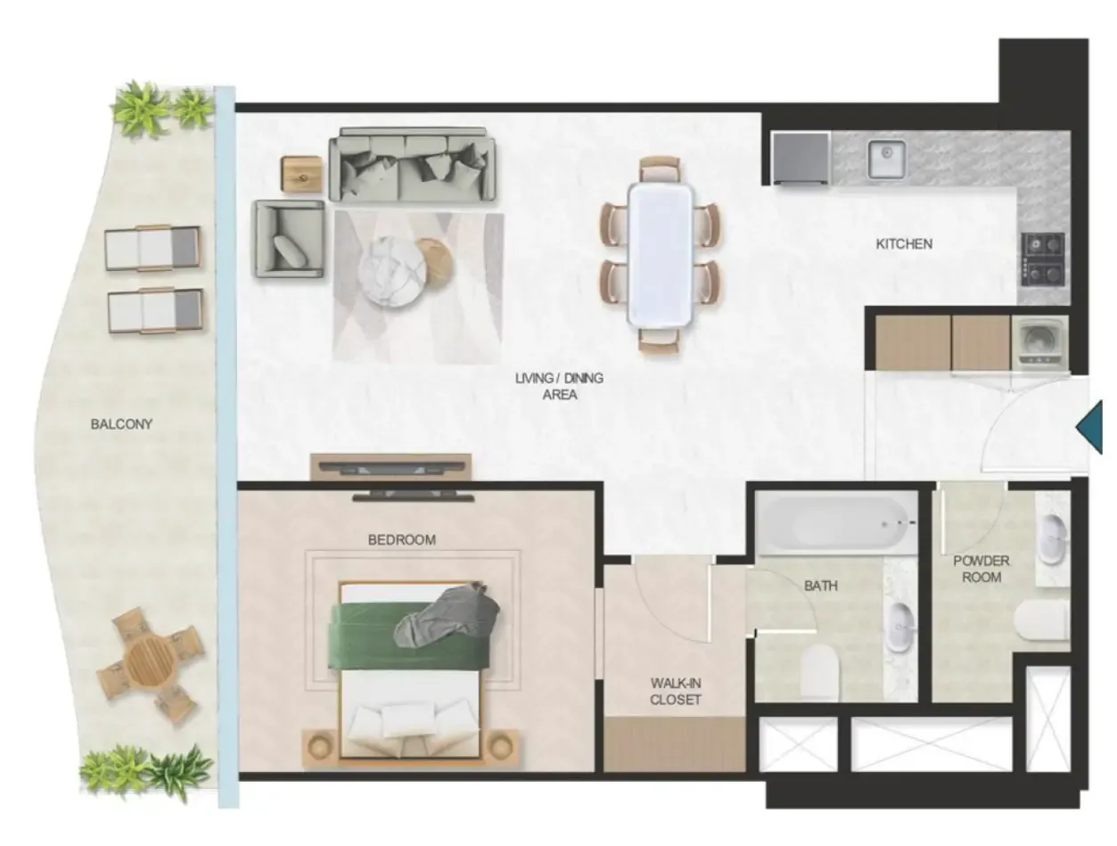 Oystra 1 bed floor plan, 904 sqft