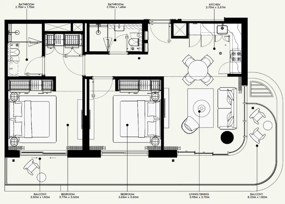 Azizi Venice 2 bed floor plan, 1,108 sqft