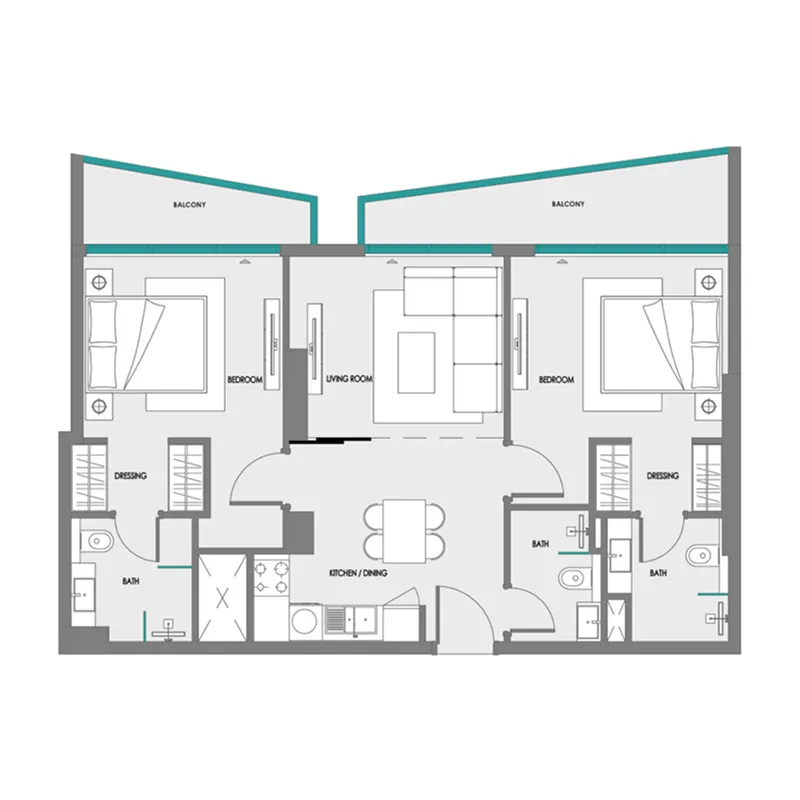 Green Field 2 bed floor plan, 883 sqft