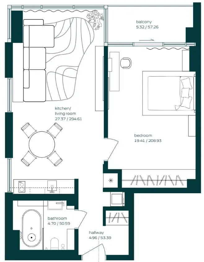 Vibe 1 bed floor plan, 744 sqft