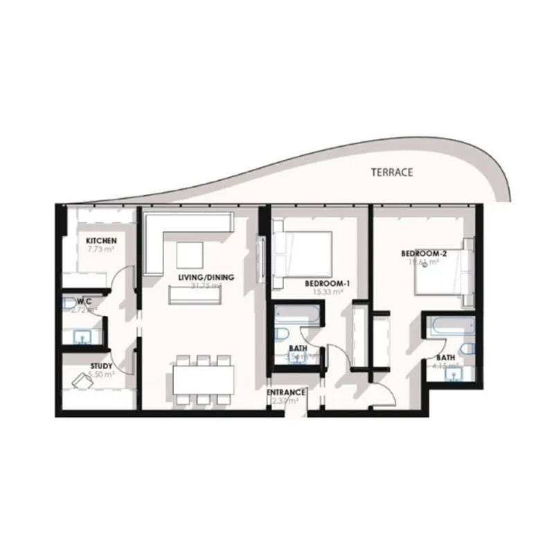 Coralis Residences 2 bed floor plan, 1,200 sqft
