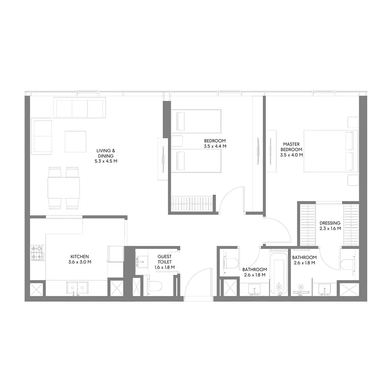 The Gate 5 2 bed floor plan, 1,080 sqft