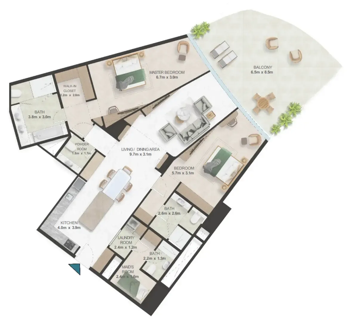 Oystra 2 bed floor plan, 2,105 sqft