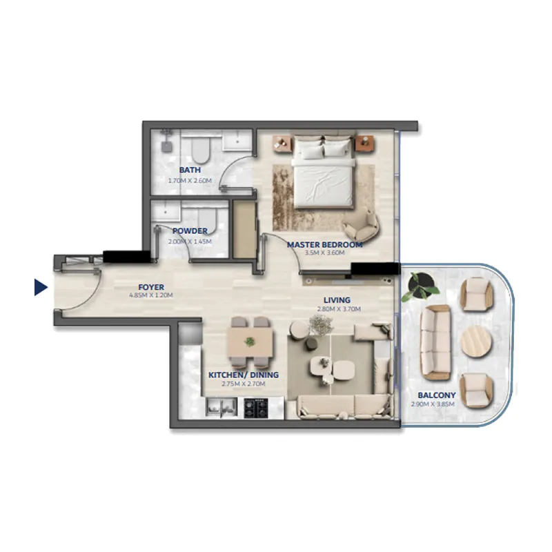 Vedaire Residences 1 bed floor plan, 660 – 688 sqft