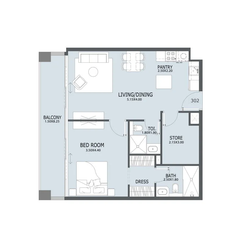 Al Ghaf 2 1 bed floor plan, 859 sqft