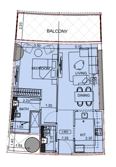 Binghatti Aquarise 1 bed floor plan, 813 sqft