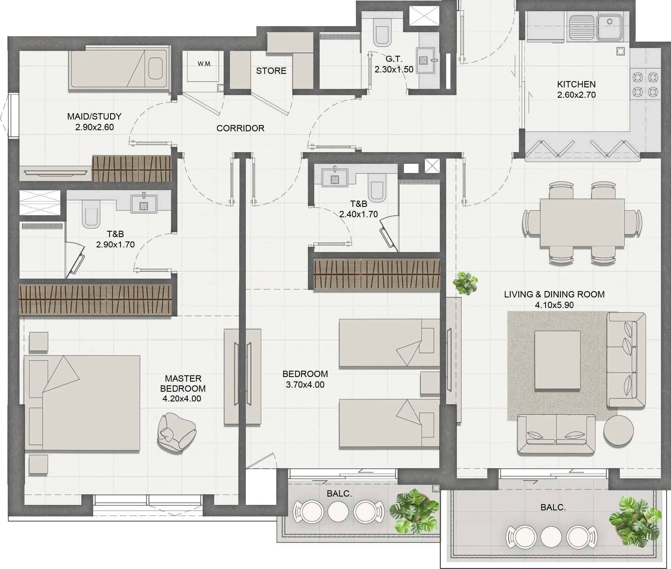 Reeman Residence 01 2 bed floor plan, 1,243 sqft