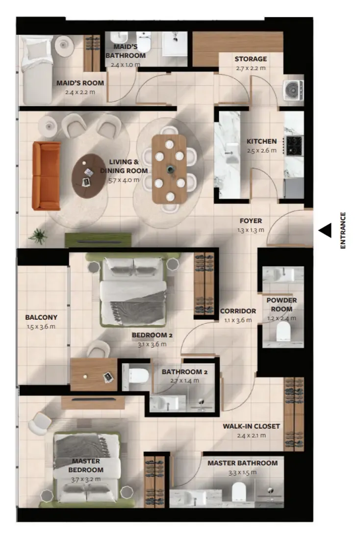 Waada Dubai South 2 bed floor plan, 1,273 sqft