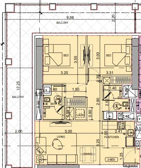 Binghatti Titania 2 bed floor plan, 1,200 sqft