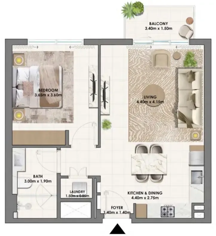 Parkwood Emaar 1 bed floor plan, 730 sqft