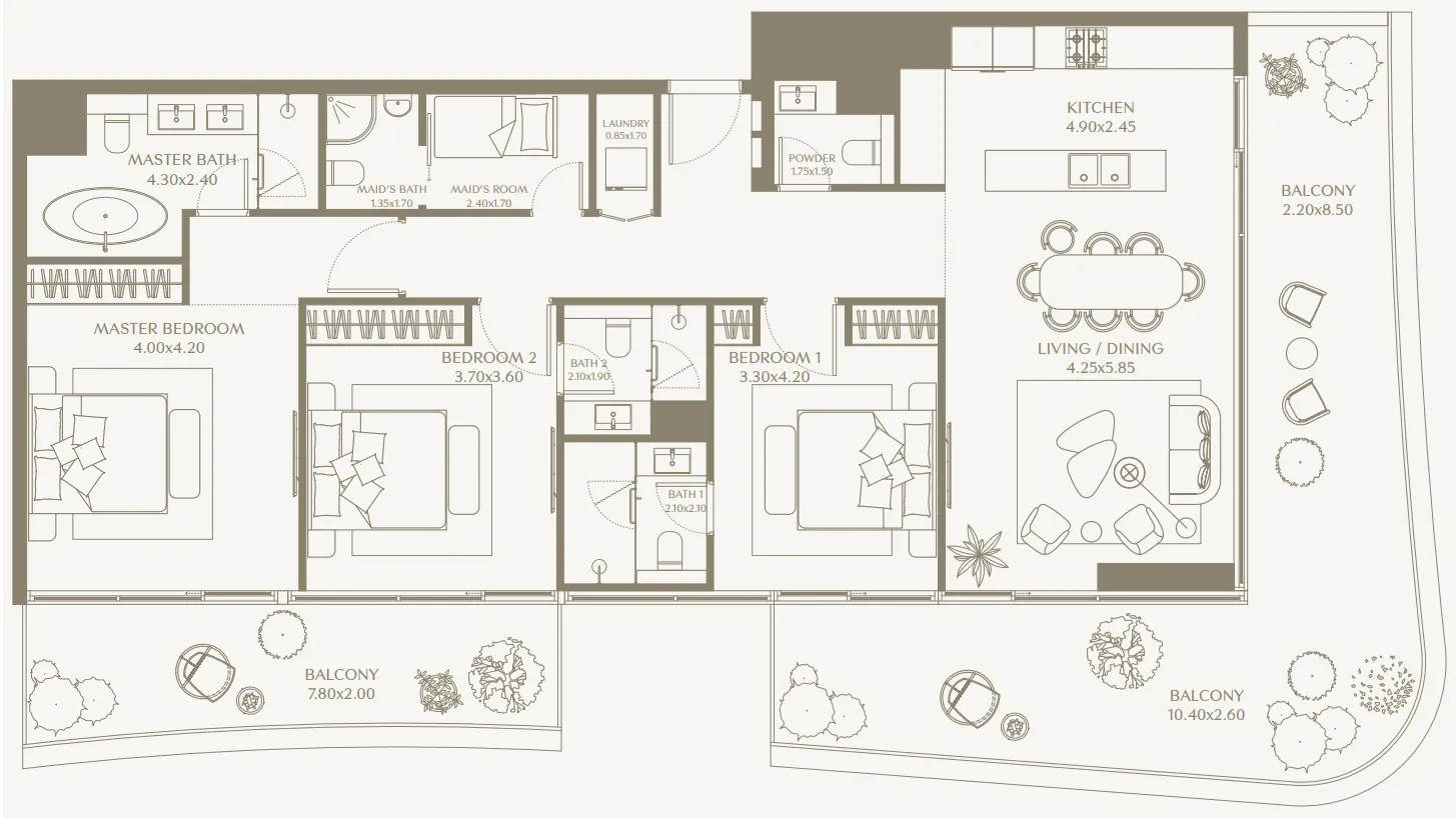 AYA Beachfront Residences 3 bed floor plan, 2,206 sqft
