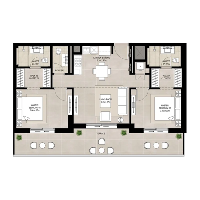 Olbia 2 bed floor plan, 1,160 sqft