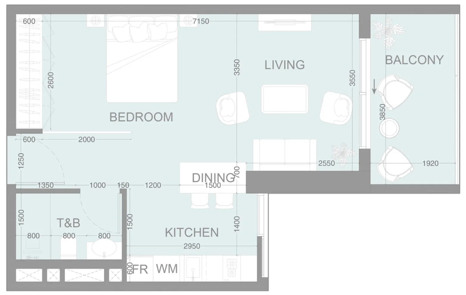 LUM1NAR Studio floor plan, 553 sqft