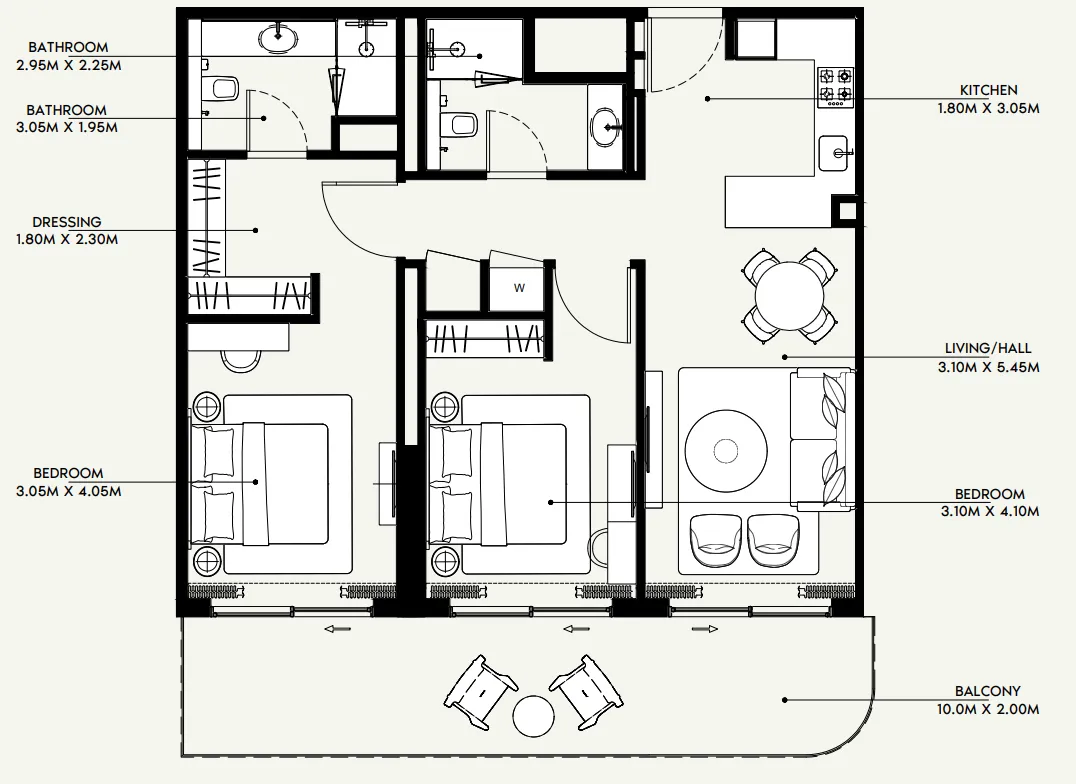 Azizi Venice 2 bed floor plan, 1,147 sqft