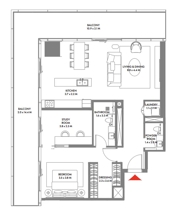 W The Residences by Arada 1 bed floor plan, 1,360 – 1,428 sqft