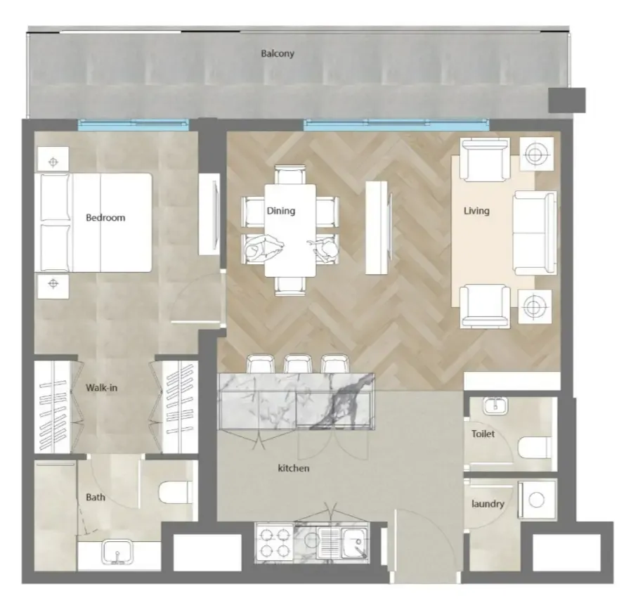 Al Mahra Residence 1 bed floor plan, 742 sqft