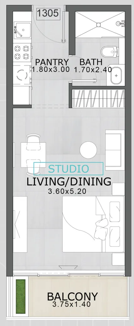 Floarea Skies Studio floor plan, 406 sqft