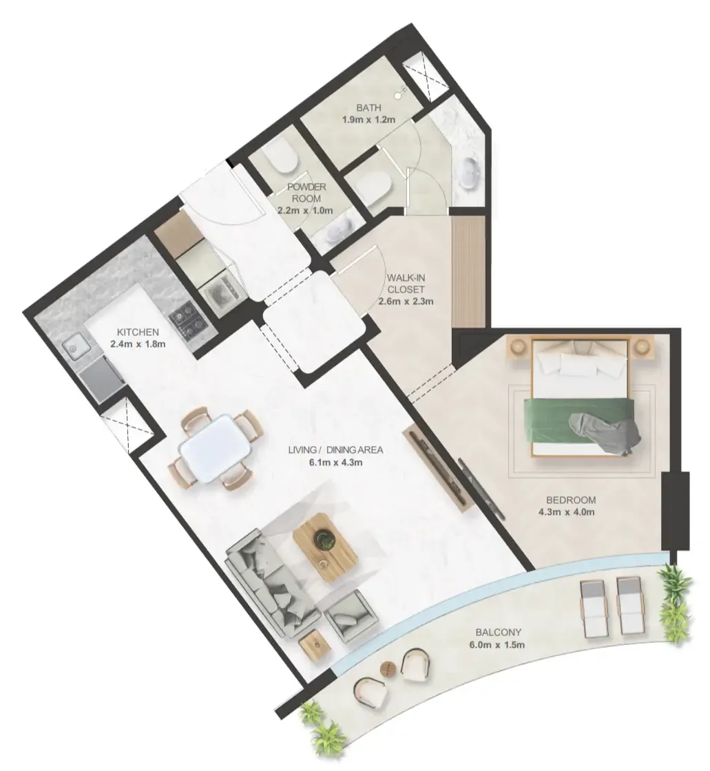 Oystra 1 bed floor plan, 843 sqft
