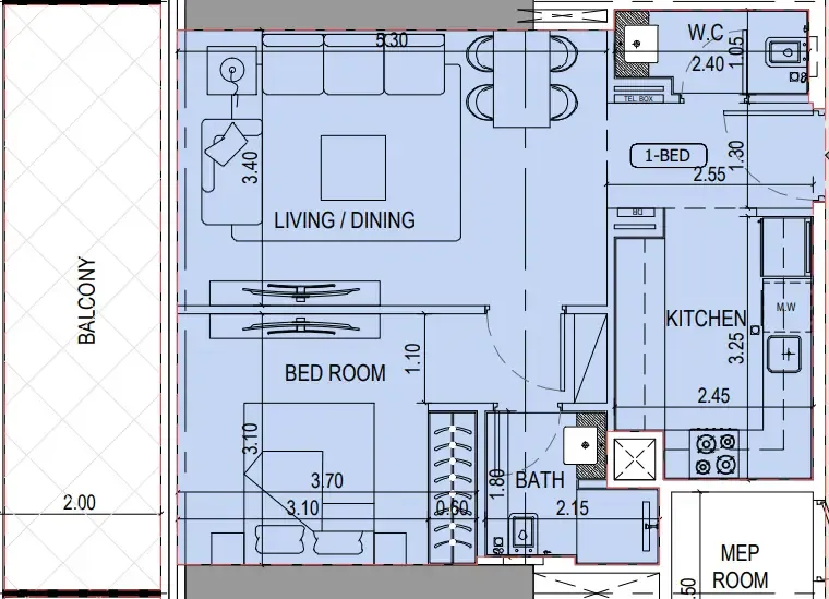 Binghatti Sky Terraces 1 bed floor plan, 751 sqft