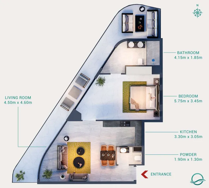 Milos 1 bed floor plan, 984 – 991 sqft