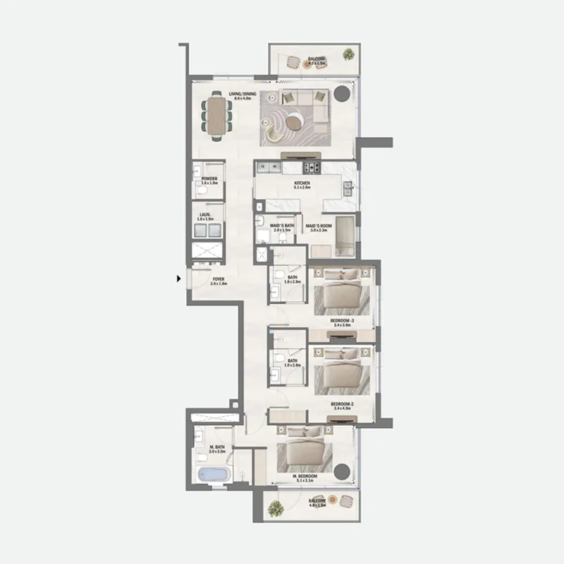 Beachfront Gates 3 bed floor plan, 1,951 sqft