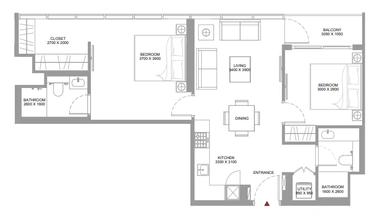 Pierside Marina Residences 2 bed floor plan, 846 sqft