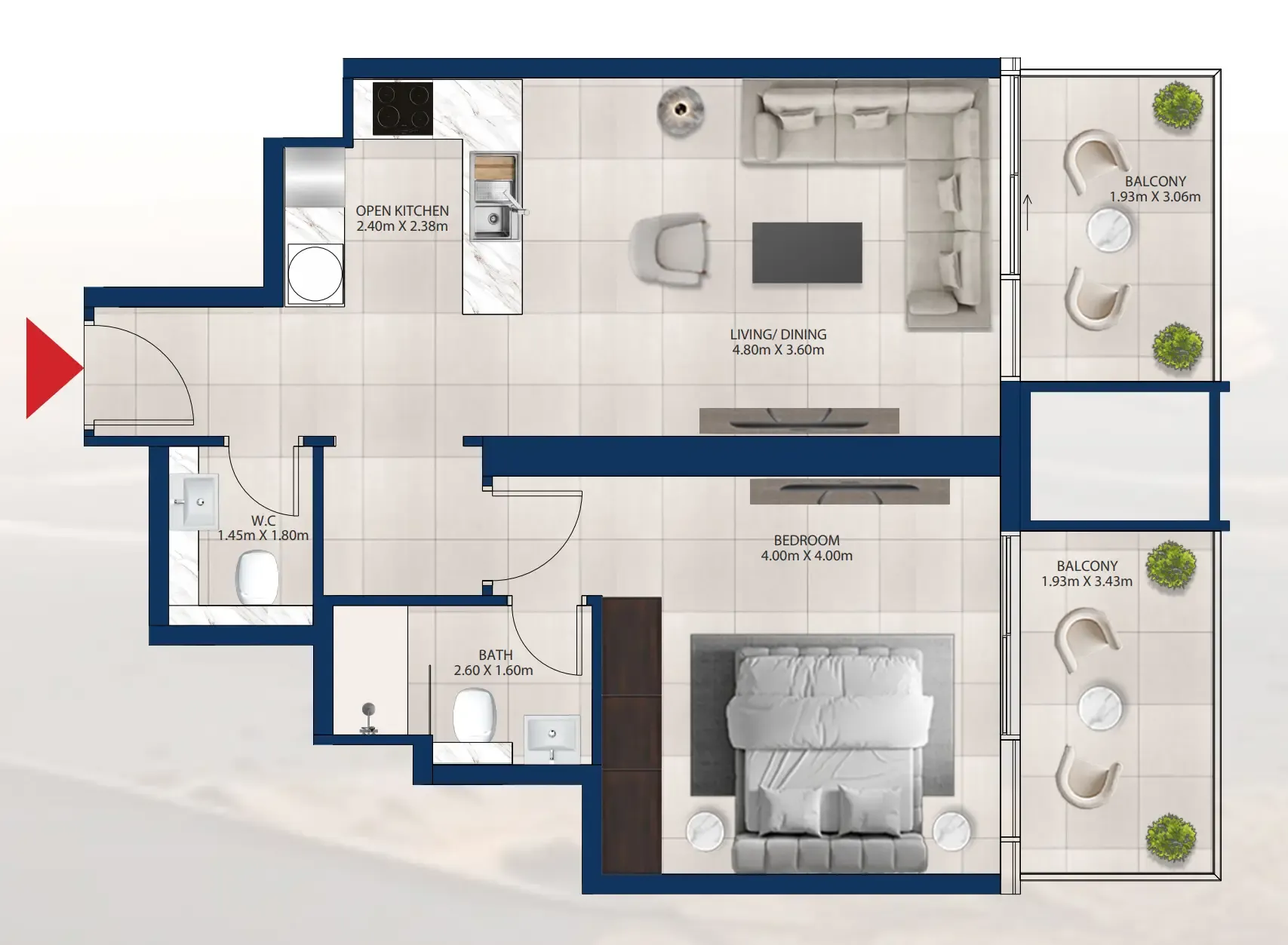 Al Vista 1 bed floor plan, 799 sqft