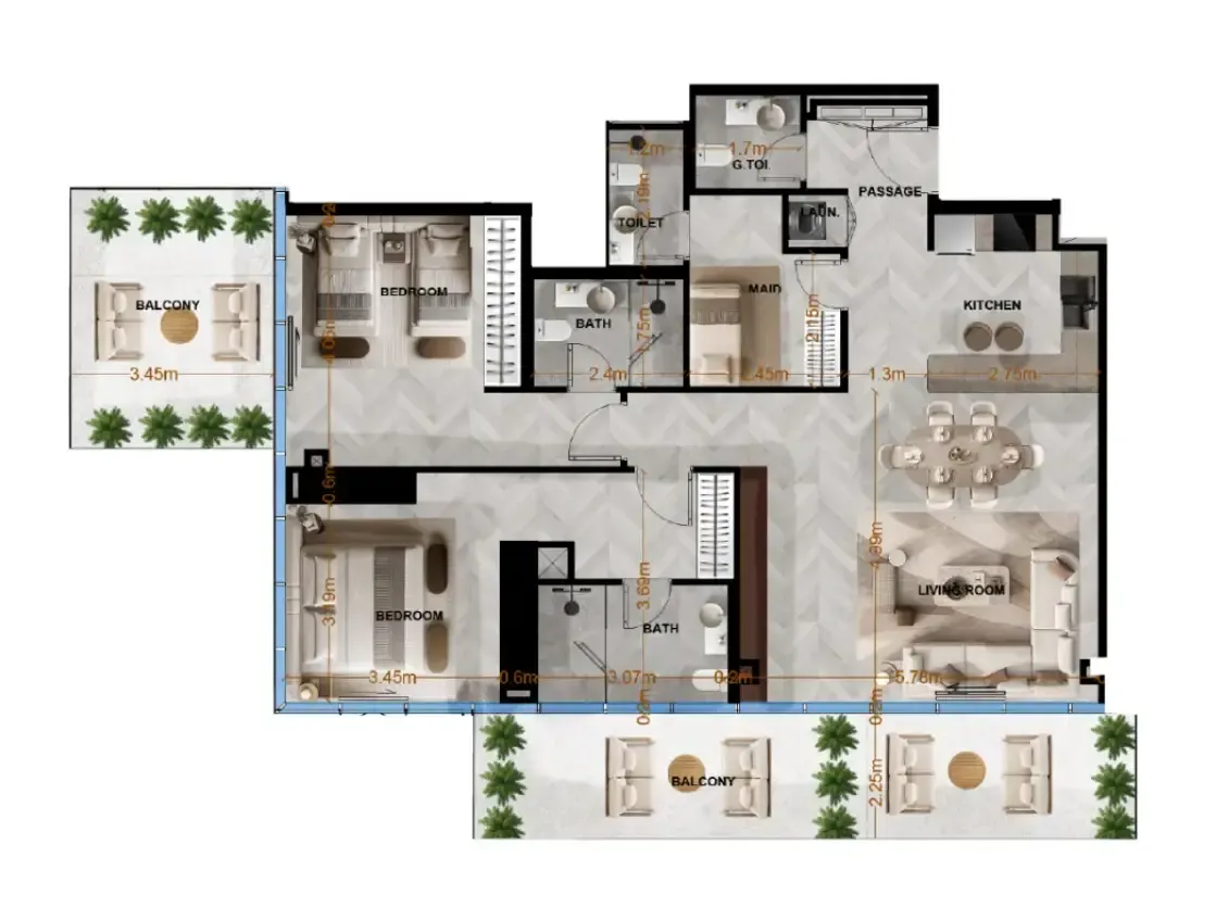 Radiant Terrace 2 bed floor plan, 1,603 sqft
