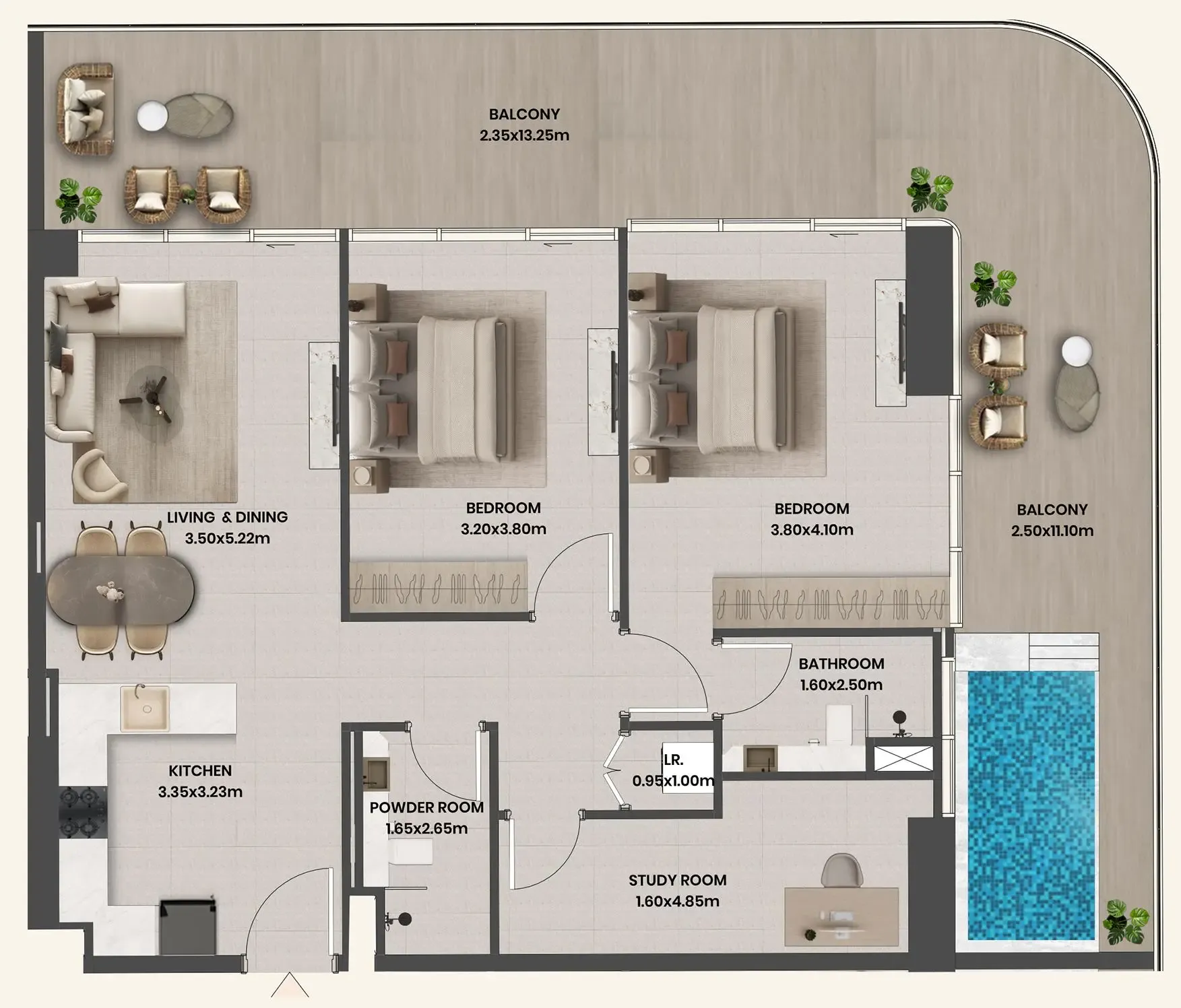 Divine Al Barari 2 bed floor plan, 1,569 sqft