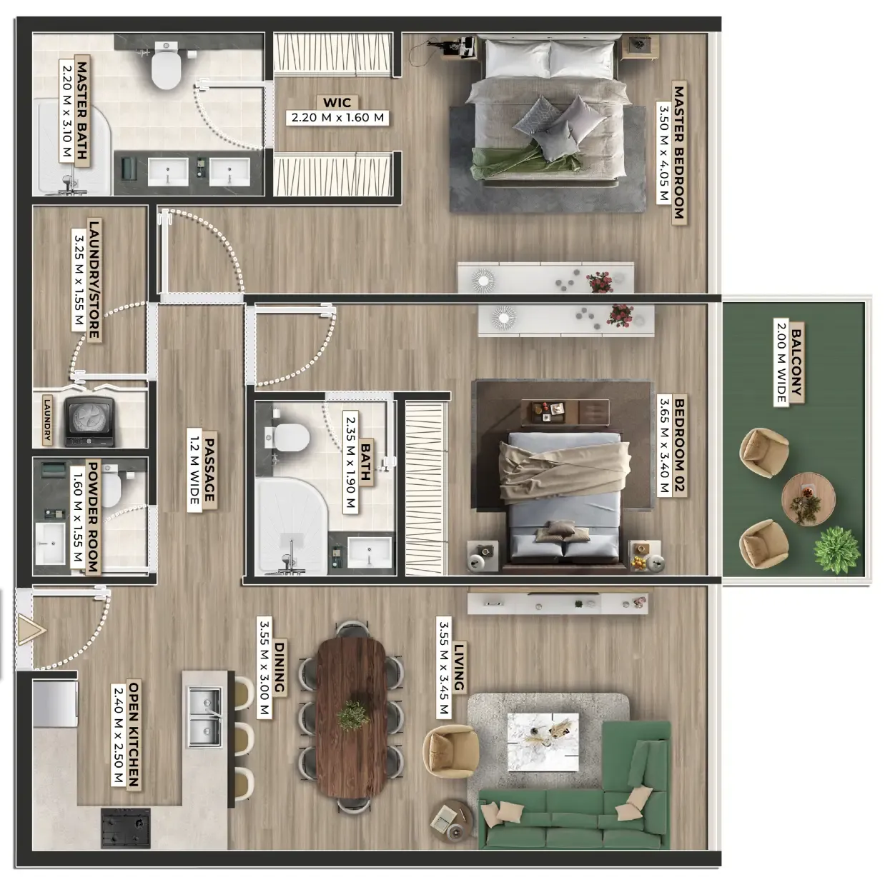 Firoza 2 bed floor plan, 1,186 sqft