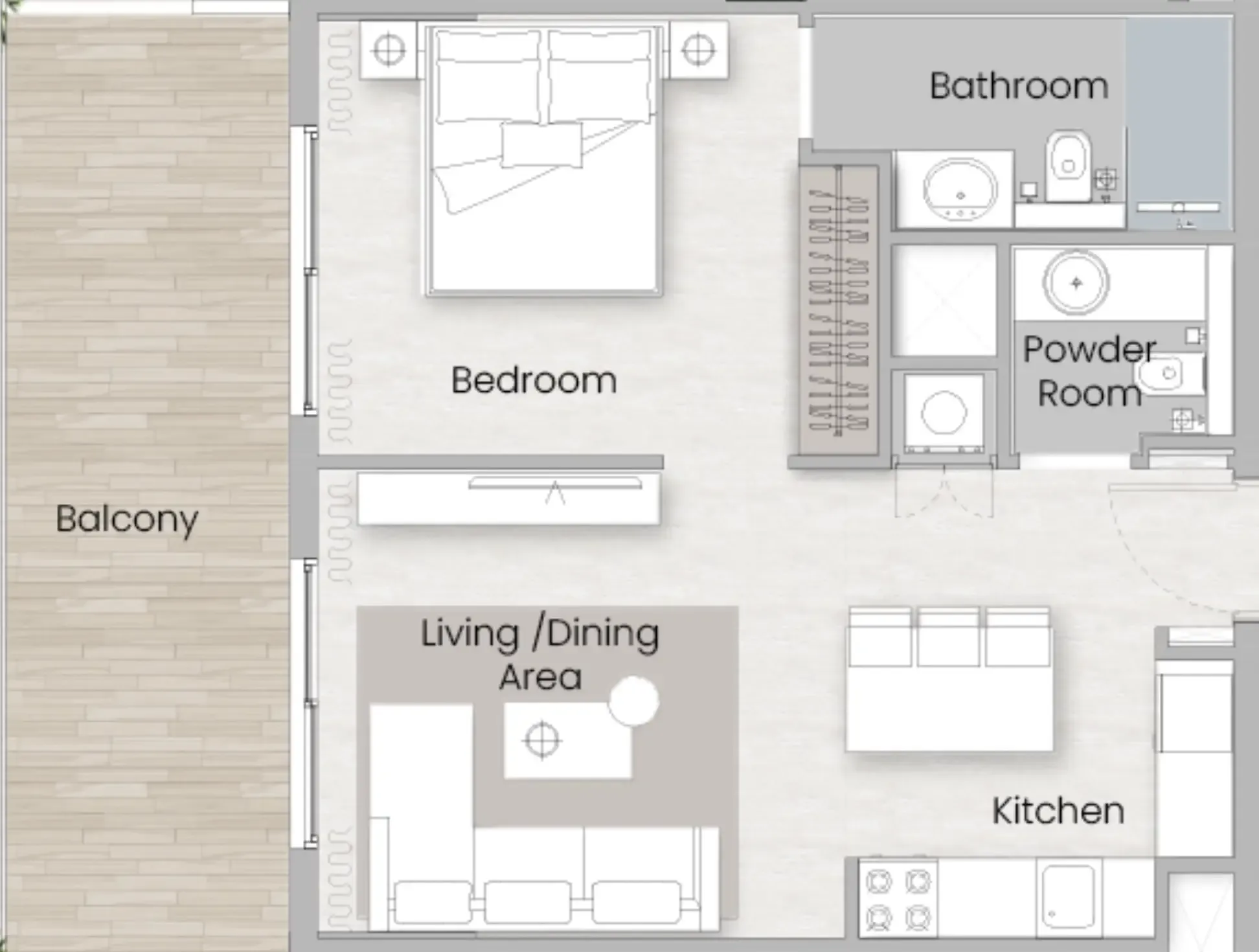 One Beverly 1 bed floor plan, 718 sqft