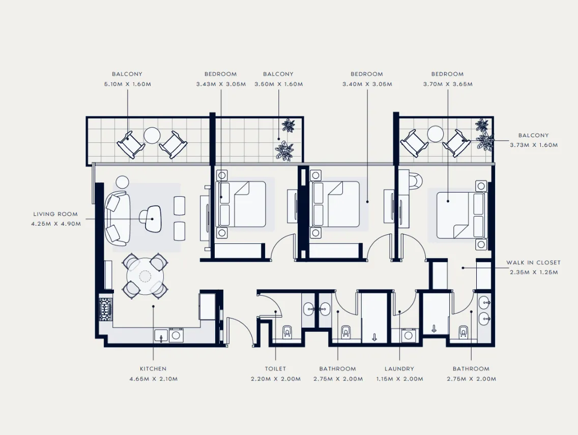 Azizi Venice 3 bed floor plan, 1,433 sqft