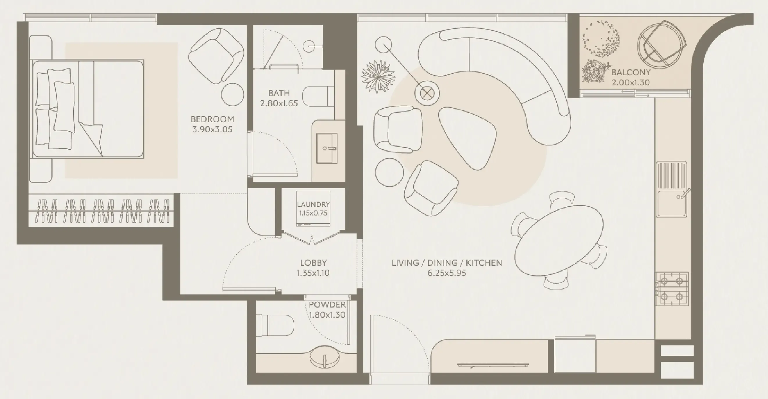 Symphony by Chaimaa 1 bed floor plan, 732 sqft