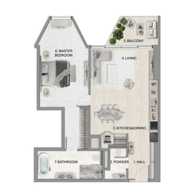 Riviera Residence 1 bed floor plan, 917 – 1,014 sqft