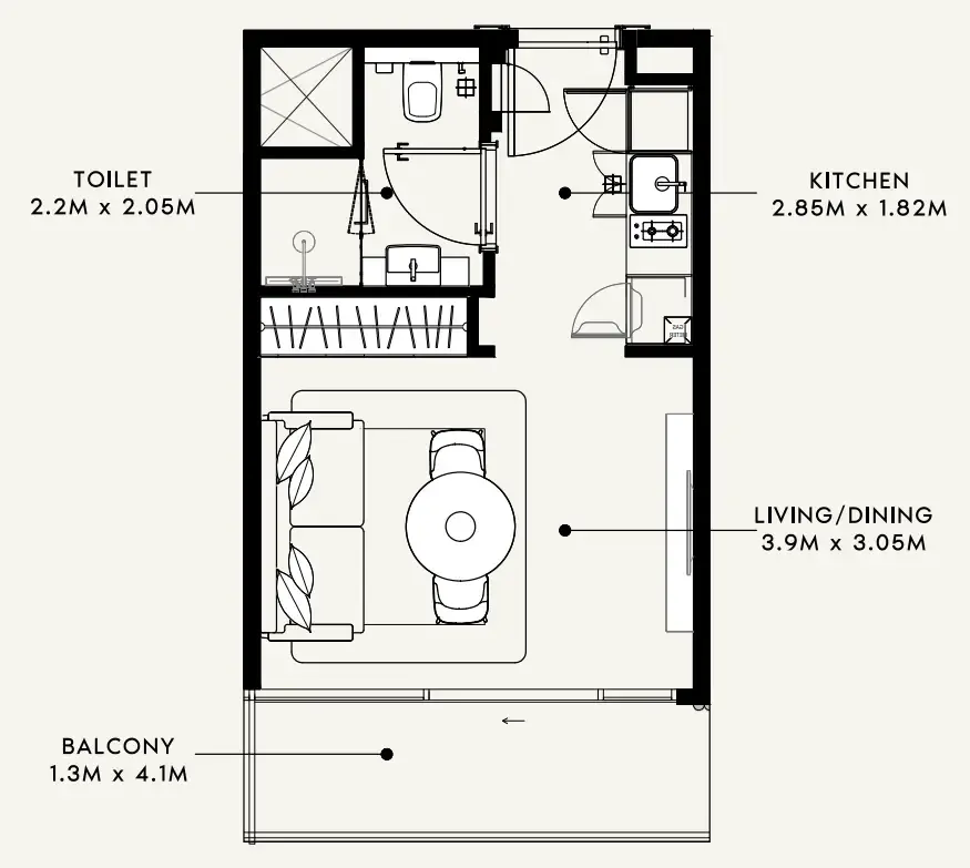 Azizi Milan Studio floor plan, 340 sqft