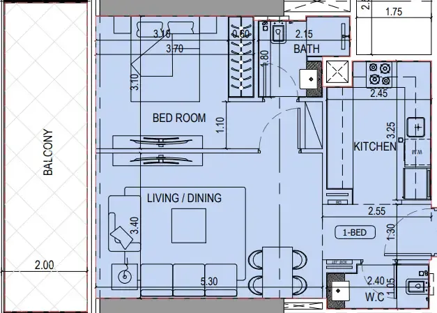 Binghatti Sky Terraces 1 bed floor plan, 751 sqft