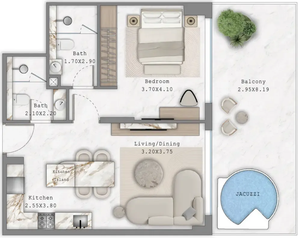 Aark Terraces 1 bed floor plan, 873 sqft