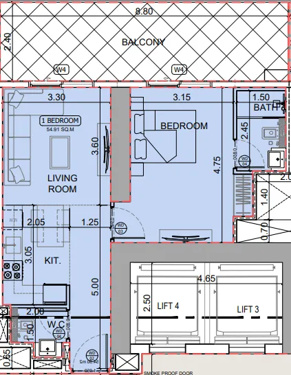 Binghatti Skyhall 1 bed floor plan, 835 sqft